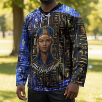 Hatshepsut Hockey Jersey with Queen King Portrait, Temple Illustration and Blue-Gold Hieroglyphic - Wonder Print Shop