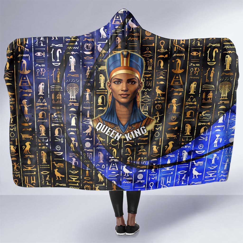 Hatshepsut Hooded Blanket with Queen King Portrait, Temple Illustration and Blue-Gold Hieroglyphic - Wonder Print Shop