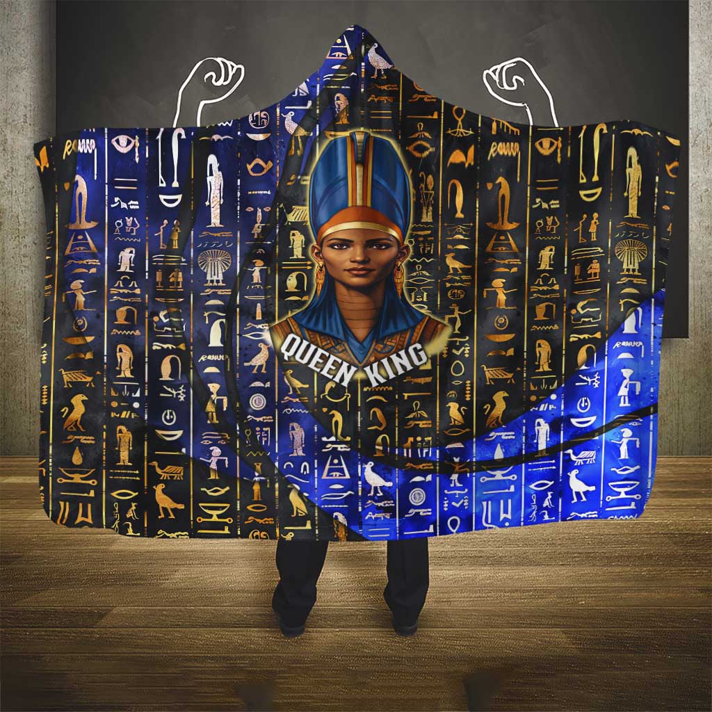 Hatshepsut Hooded Blanket with Queen King Portrait, Temple Illustration and Blue-Gold Hieroglyphic - Wonder Print Shop