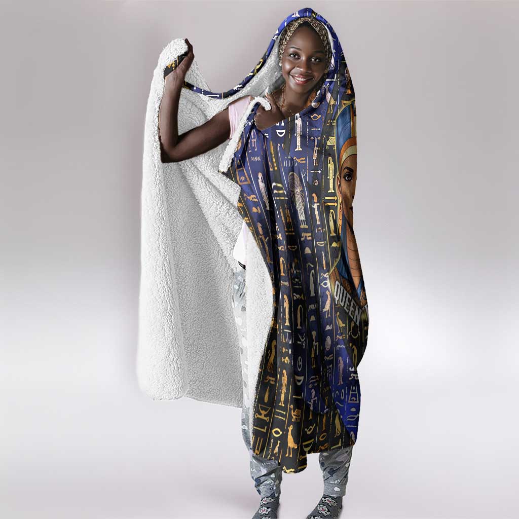 Hatshepsut Hooded Blanket with Queen King Portrait, Temple Illustration and Blue-Gold Hieroglyphic - Wonder Print Shop