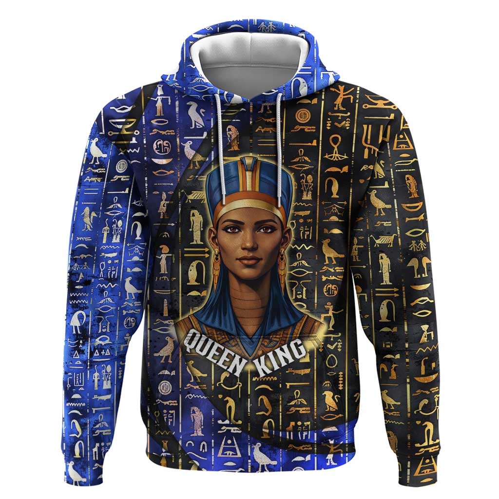 Hatshepsut Hoodie with Queen King Portrait, Temple Illustration and Blue-Gold Hieroglyphic - Wonder Print Shop