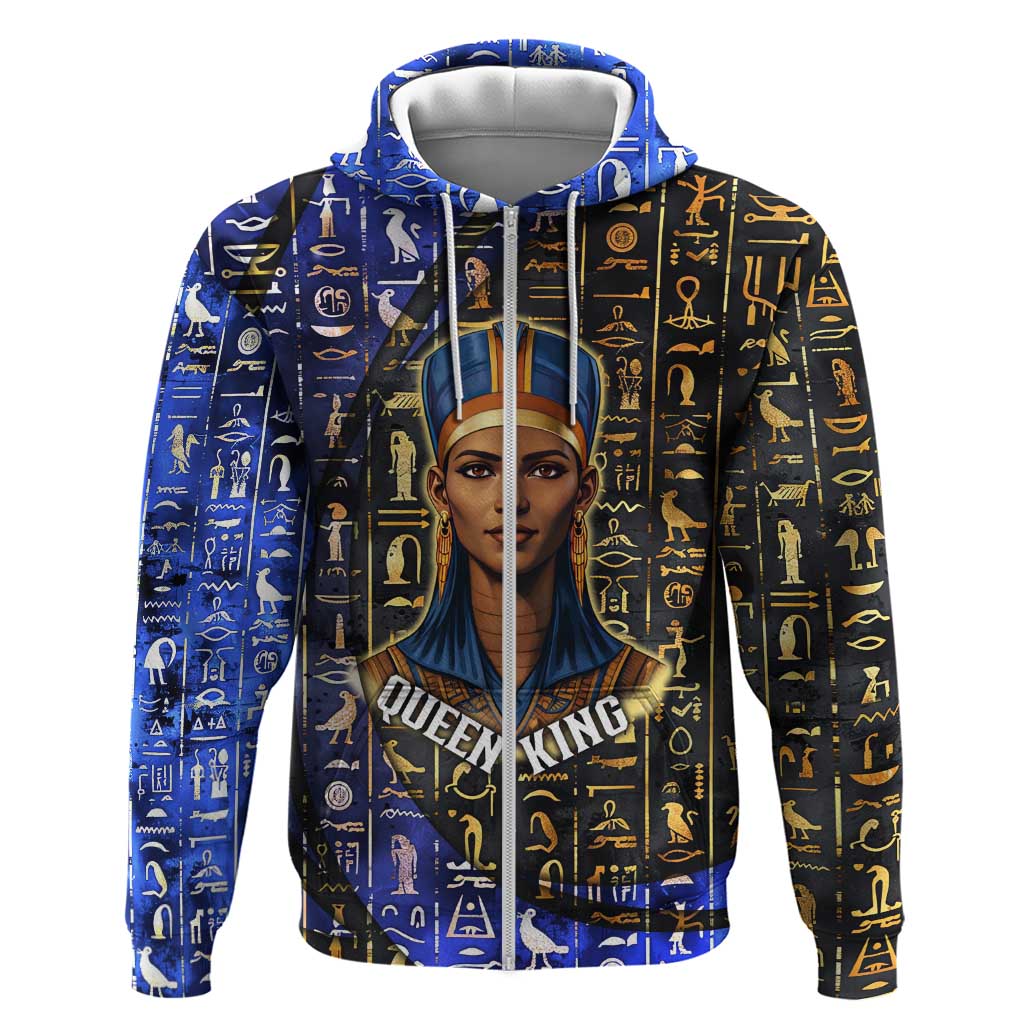 Hatshepsut Hoodie with Queen King Portrait, Temple Illustration and Blue-Gold Hieroglyphic - Wonder Print Shop