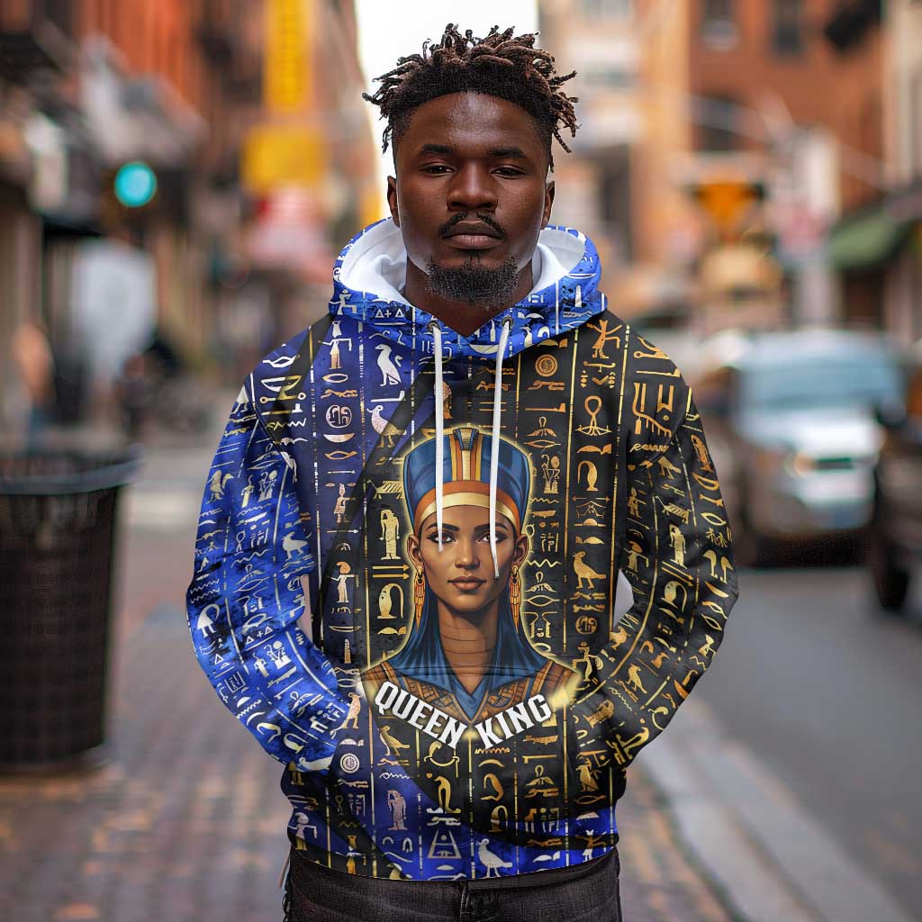 Hatshepsut Hoodie with Queen King Portrait, Temple Illustration and Blue-Gold Hieroglyphic - Wonder Print Shop