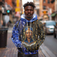 Hatshepsut Hoodie with Queen King Portrait, Temple Illustration and Blue-Gold Hieroglyphic - Wonder Print Shop