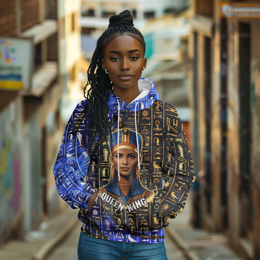 Hatshepsut Hoodie with Queen King Portrait, Temple Illustration and Blue-Gold Hieroglyphic - Wonder Print Shop