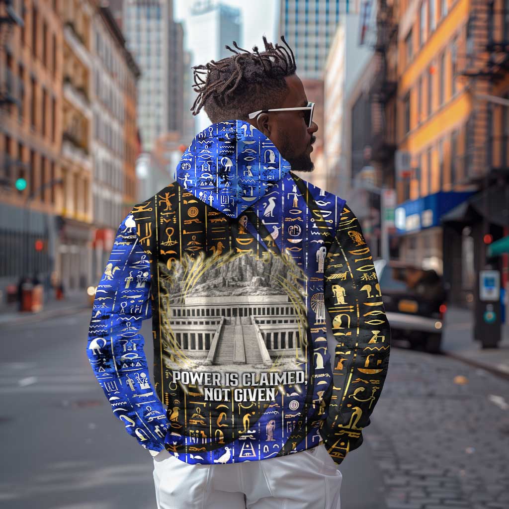Hatshepsut Hoodie with Queen King Portrait, Temple Illustration and Blue-Gold Hieroglyphic - Wonder Print Shop