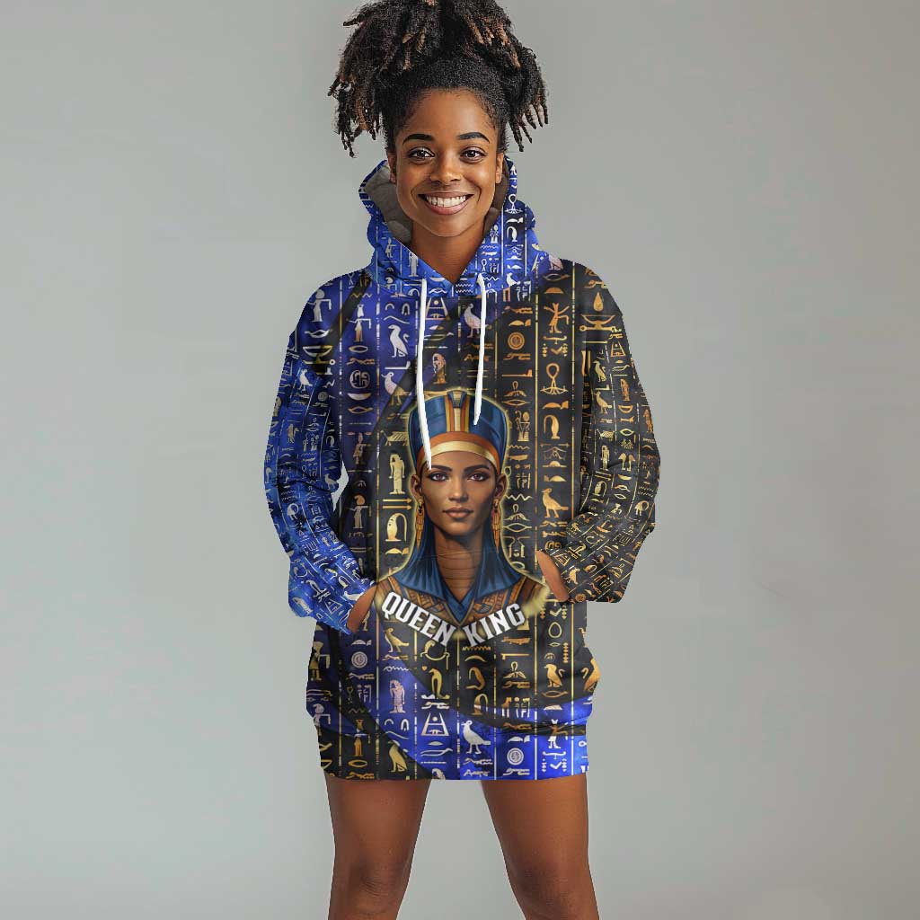 Hatshepsut Hoodie Dress with Queen King Portrait, Temple Illustration and Blue-Gold Hieroglyphic - Wonder Print Shop