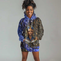 Hatshepsut Hoodie Dress with Queen King Portrait, Temple Illustration and Blue-Gold Hieroglyphic - Wonder Print Shop