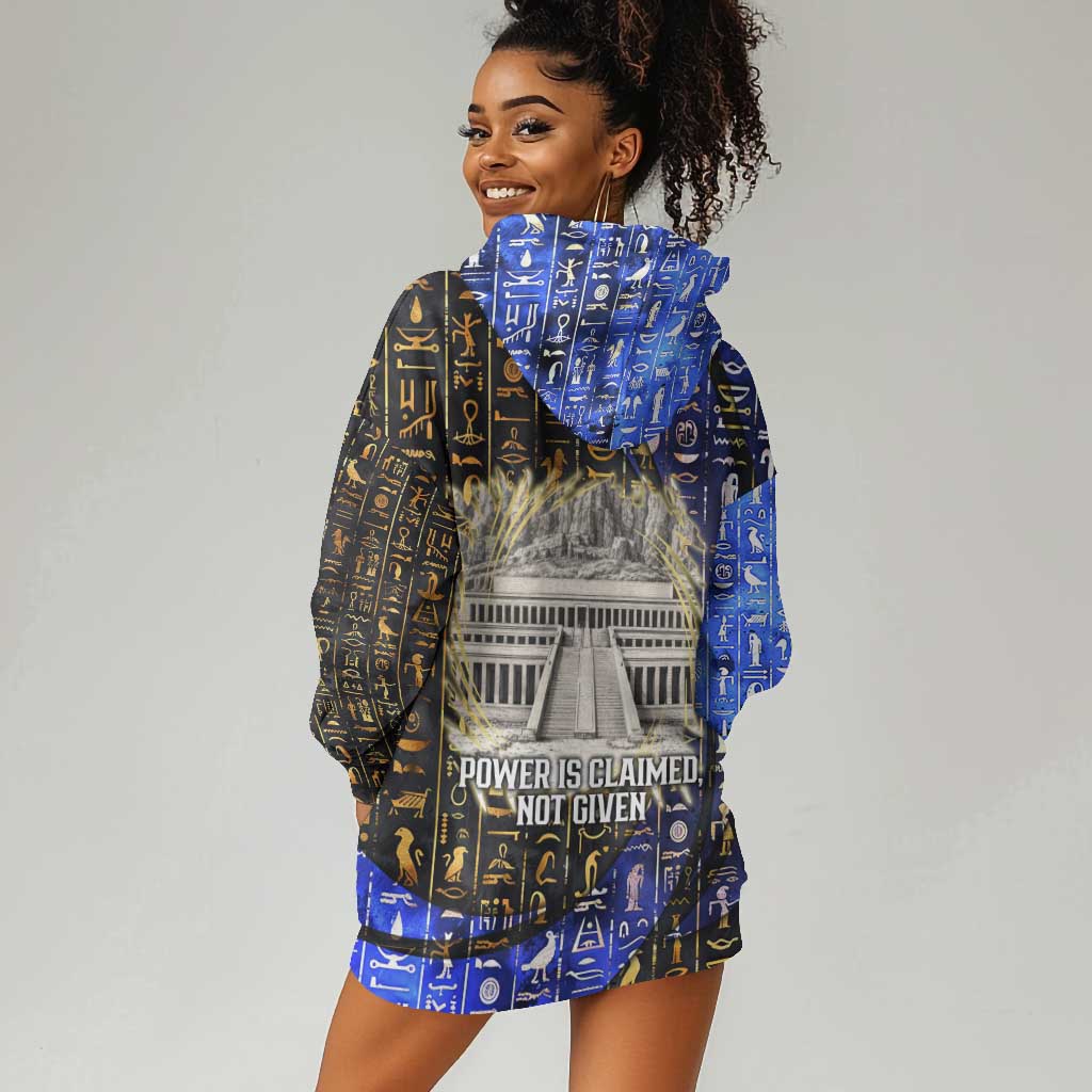 Hatshepsut Hoodie Dress with Queen King Portrait, Temple Illustration and Blue-Gold Hieroglyphic - Wonder Print Shop