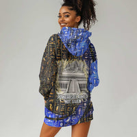 Hatshepsut Hoodie Dress with Queen King Portrait, Temple Illustration and Blue-Gold Hieroglyphic - Wonder Print Shop