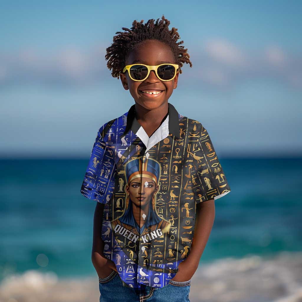 Hatshepsut Kid Hawaiian Shirt with Queen King Portrait, Temple Illustration and Blue-Gold Hieroglyphic - Wonder Print Shop