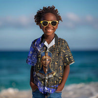Hatshepsut Kid Hawaiian Shirt with Queen King Portrait, Temple Illustration and Blue-Gold Hieroglyphic - Wonder Print Shop