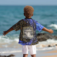 Hatshepsut Kid Hawaiian Shirt with Queen King Portrait, Temple Illustration and Blue-Gold Hieroglyphic - Wonder Print Shop