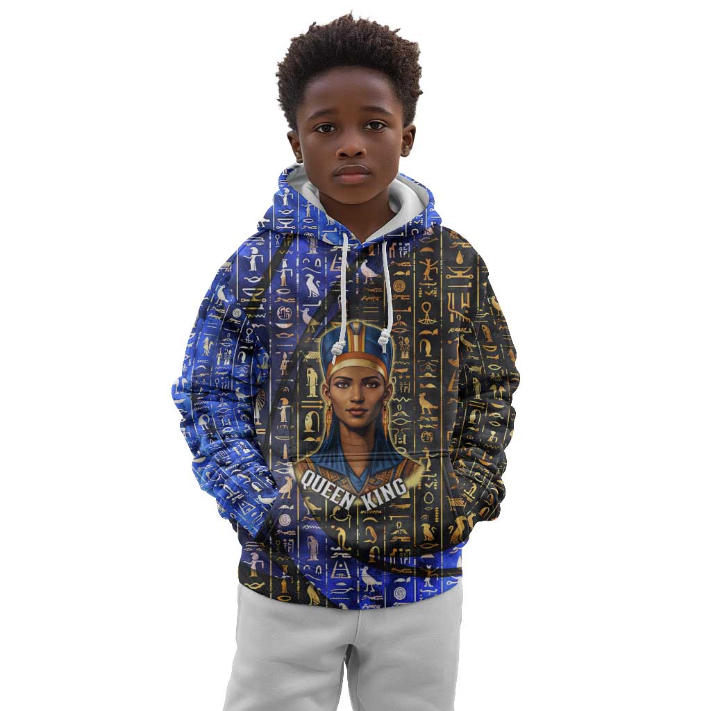 Hatshepsut Kid Hoodie with Queen King Portrait, Temple Illustration and Blue-Gold Hieroglyphic - Wonder Print Shop