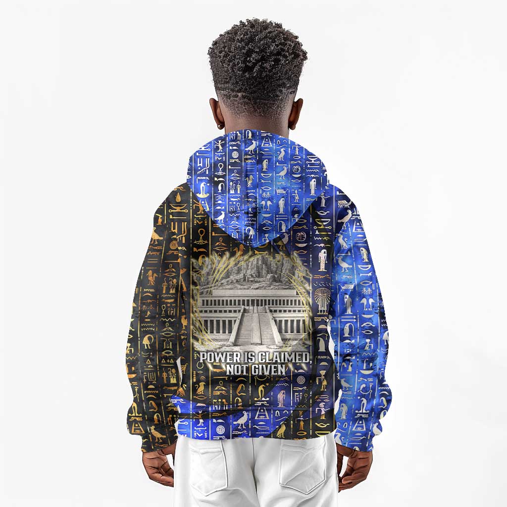 Hatshepsut Kid Hoodie with Queen King Portrait, Temple Illustration and Blue-Gold Hieroglyphic - Wonder Print Shop