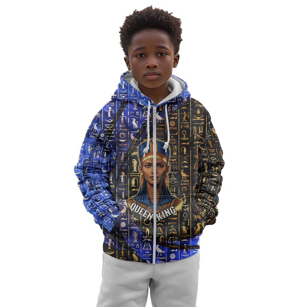 Hatshepsut Kid Hoodie with Queen King Portrait, Temple Illustration and Blue-Gold Hieroglyphic - Wonder Print Shop