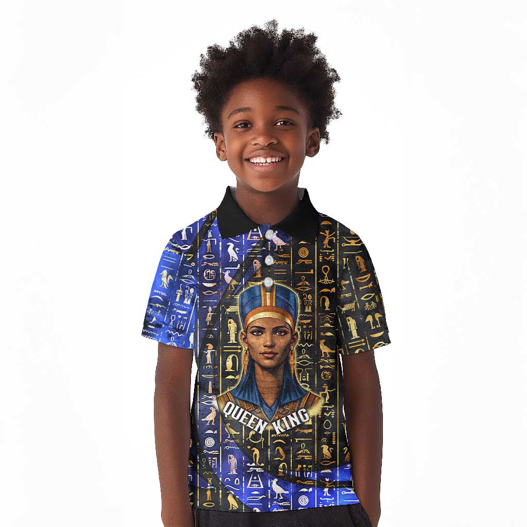 Hatshepsut Kid Polo Shirt with Queen King Portrait, Temple Illustration and Blue-Gold Hieroglyphic - Wonder Print Shop