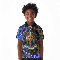 Hatshepsut Kid Polo Shirt with Queen King Portrait, Temple Illustration and Blue-Gold Hieroglyphic - Wonder Print Shop