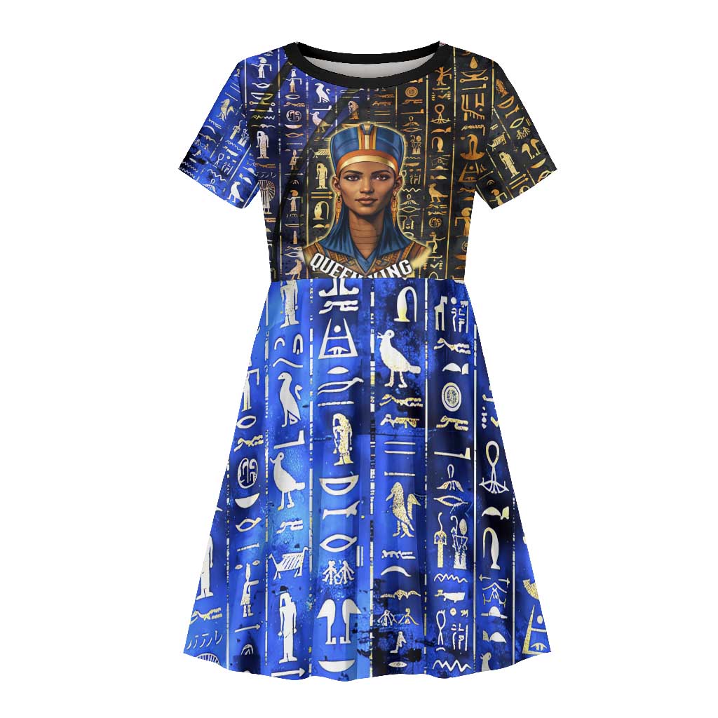 Hatshepsut Kid Short Sleeve Dress with Queen King Portrait, Temple Illustration and Blue-Gold Hieroglyphic - Wonder Print Shop
