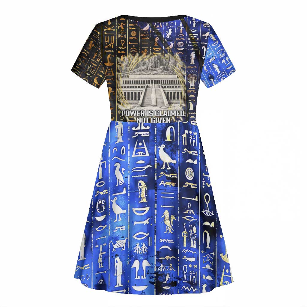 Hatshepsut Kid Short Sleeve Dress with Queen King Portrait, Temple Illustration and Blue-Gold Hieroglyphic - Wonder Print Shop