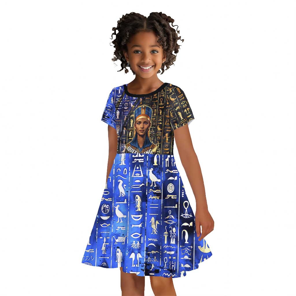 Hatshepsut Kid Short Sleeve Dress with Queen King Portrait, Temple Illustration and Blue-Gold Hieroglyphic - Wonder Print Shop