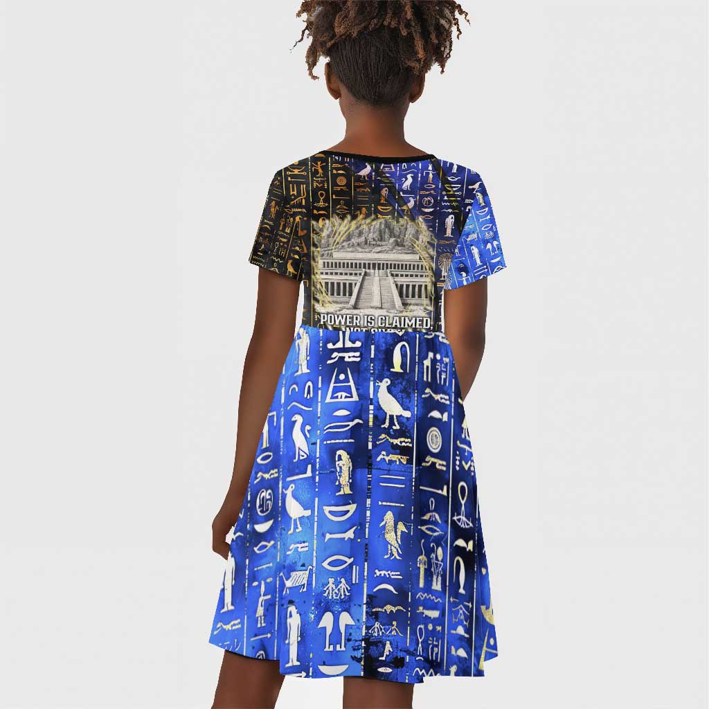 Hatshepsut Kid Short Sleeve Dress with Queen King Portrait, Temple Illustration and Blue-Gold Hieroglyphic - Wonder Print Shop