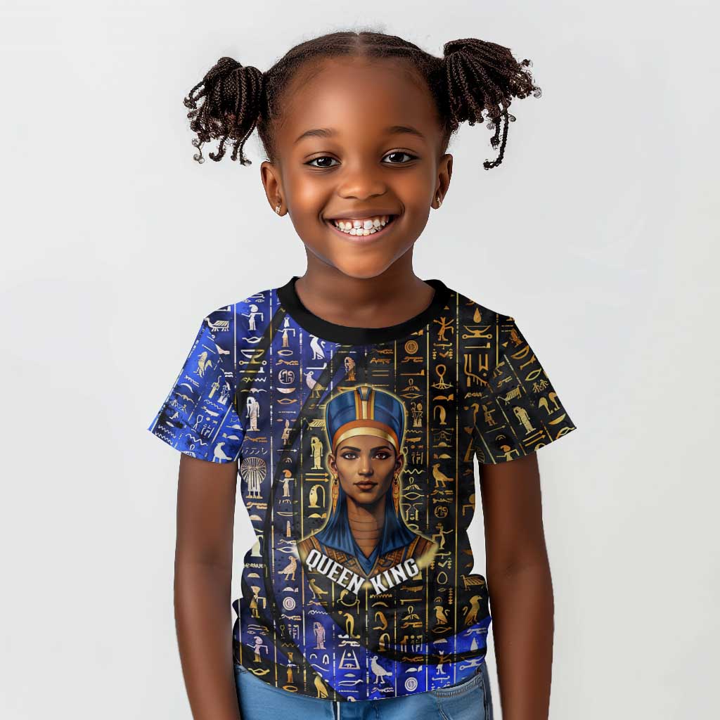 Hatshepsut Kid T shirt with Queen King Portrait, Temple Illustration and Blue-Gold Hieroglyphic - Wonder Print Shop