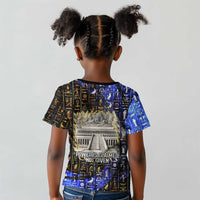 Hatshepsut Kid T shirt with Queen King Portrait, Temple Illustration and Blue-Gold Hieroglyphic - Wonder Print Shop