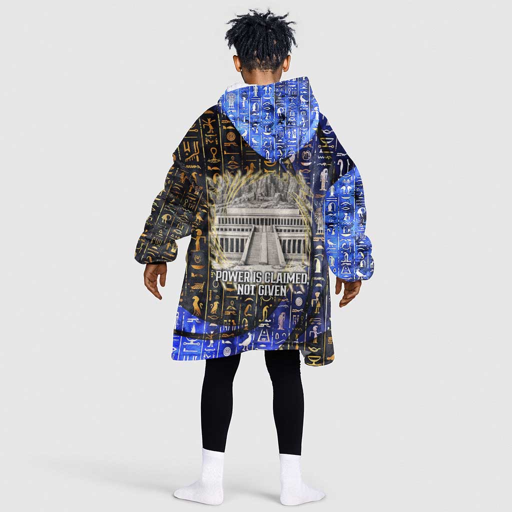 Hatshepsut Kid Wearable Blanket Hoodie with Queen King Portrait, Temple Illustration and Blue-Gold Hieroglyphic - Wonder Print Shop