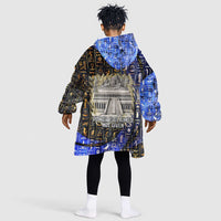 Hatshepsut Kid Wearable Blanket Hoodie with Queen King Portrait, Temple Illustration and Blue-Gold Hieroglyphic - Wonder Print Shop