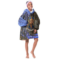 Hatshepsut Kid Wearable Blanket Hoodie with Queen King Portrait, Temple Illustration and Blue-Gold Hieroglyphic - Wonder Print Shop