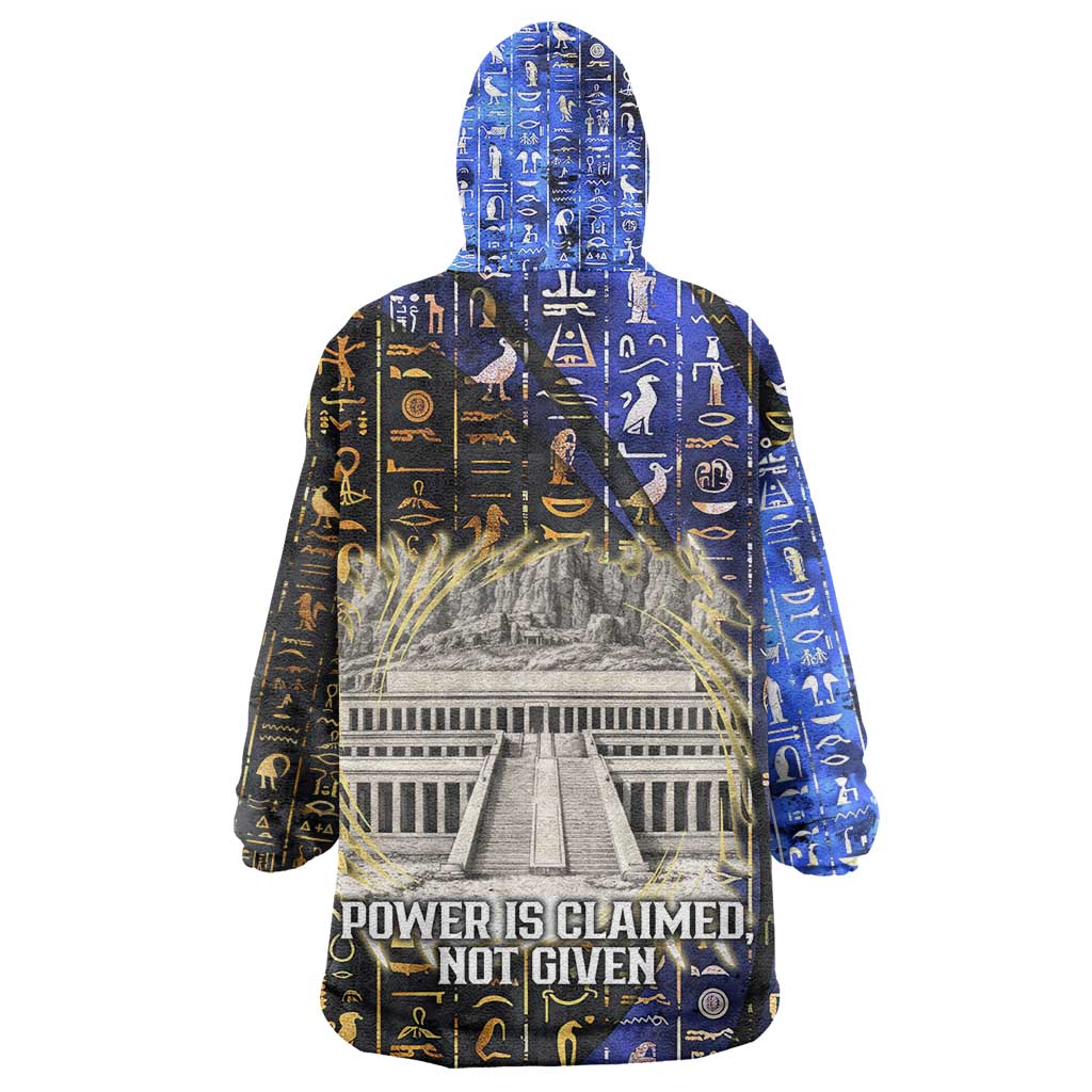 Hatshepsut Kid Wearable Blanket Hoodie with Queen King Portrait, Temple Illustration and Blue-Gold Hieroglyphic - Wonder Print Shop