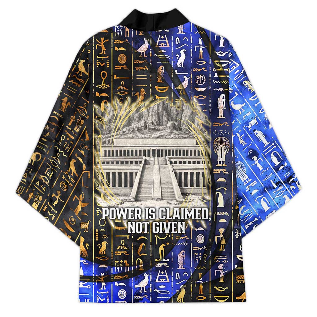 Hatshepsut Kimono with Queen King Portrait, Temple Illustration and Blue-Gold Hieroglyphic - Wonder Print Shop