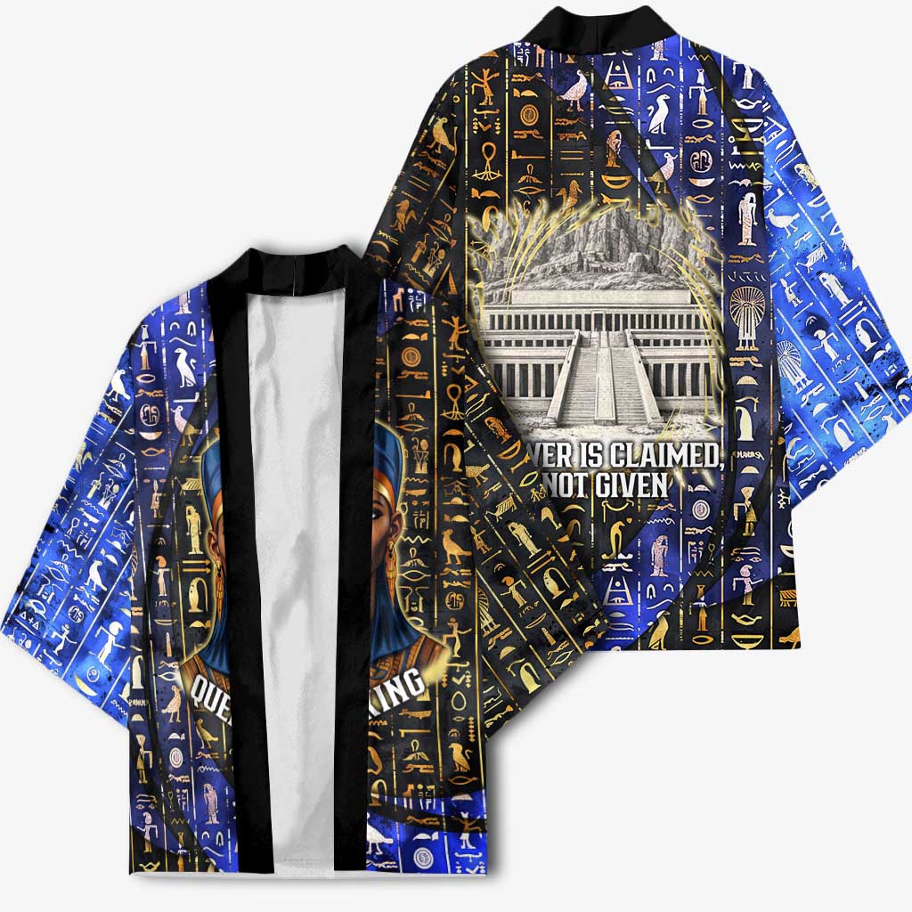 Hatshepsut Kimono with Queen King Portrait, Temple Illustration and Blue-Gold Hieroglyphic - Wonder Print Shop