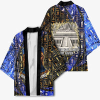 Hatshepsut Kimono with Queen King Portrait, Temple Illustration and Blue-Gold Hieroglyphic - Wonder Print Shop