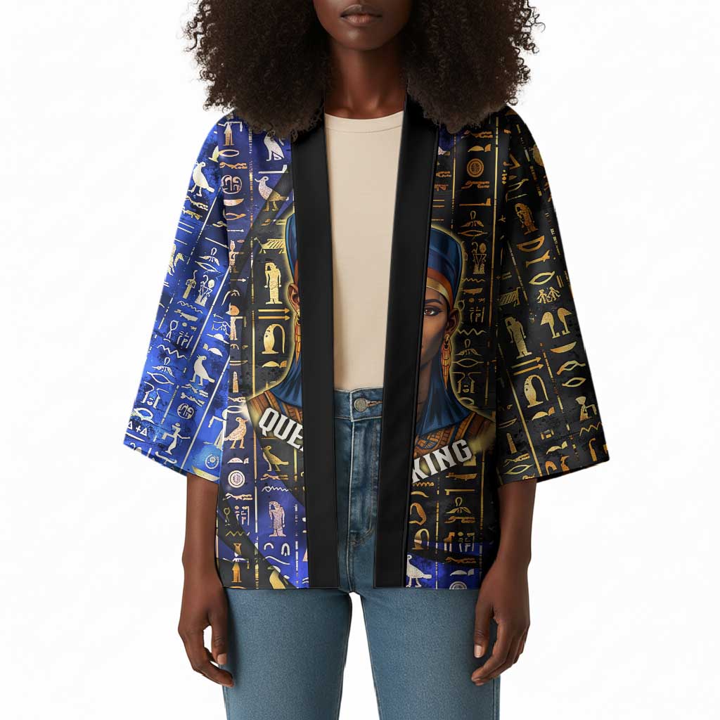 Hatshepsut Kimono with Queen King Portrait, Temple Illustration and Blue-Gold Hieroglyphic - Wonder Print Shop