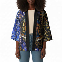 Hatshepsut Kimono with Queen King Portrait, Temple Illustration and Blue-Gold Hieroglyphic - Wonder Print Shop