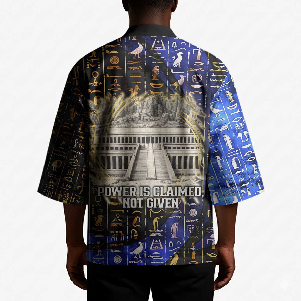 Hatshepsut Kimono with Queen King Portrait, Temple Illustration and Blue-Gold Hieroglyphic - Wonder Print Shop