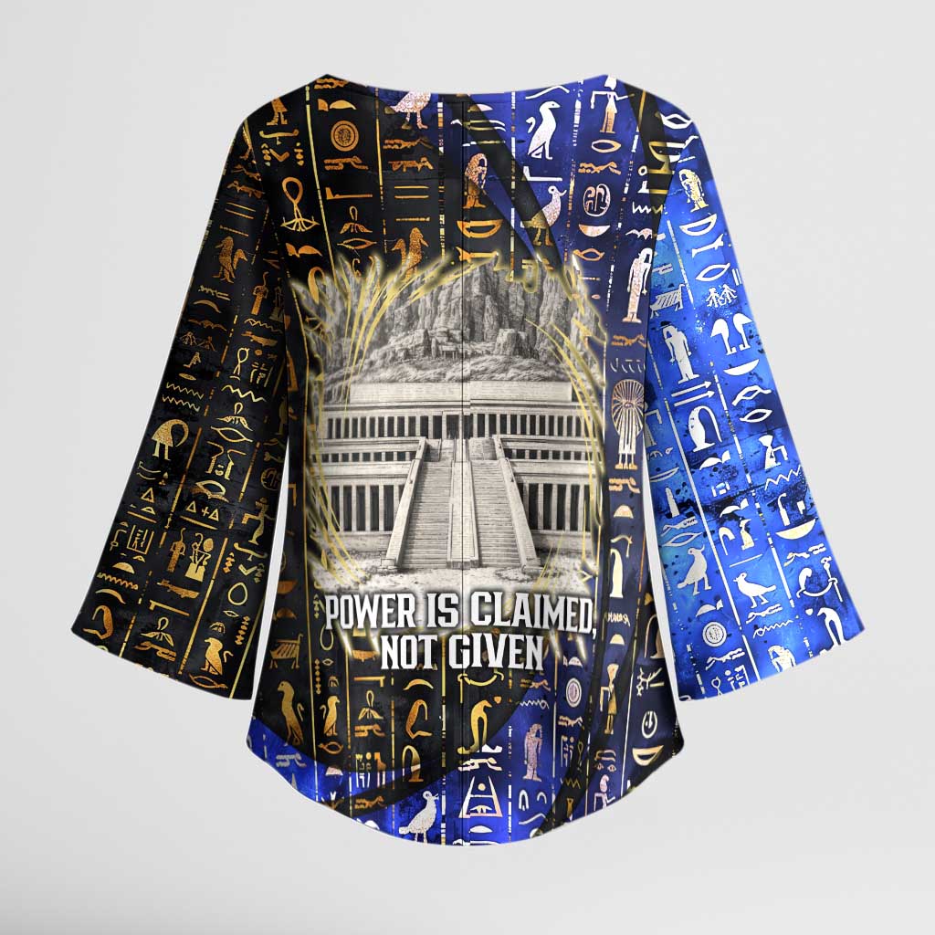 Hatshepsut Kimono Sleeve Blouse with Queen King Portrait, Temple Illustration and Blue-Gold Hieroglyphic - Wonder Print Shop