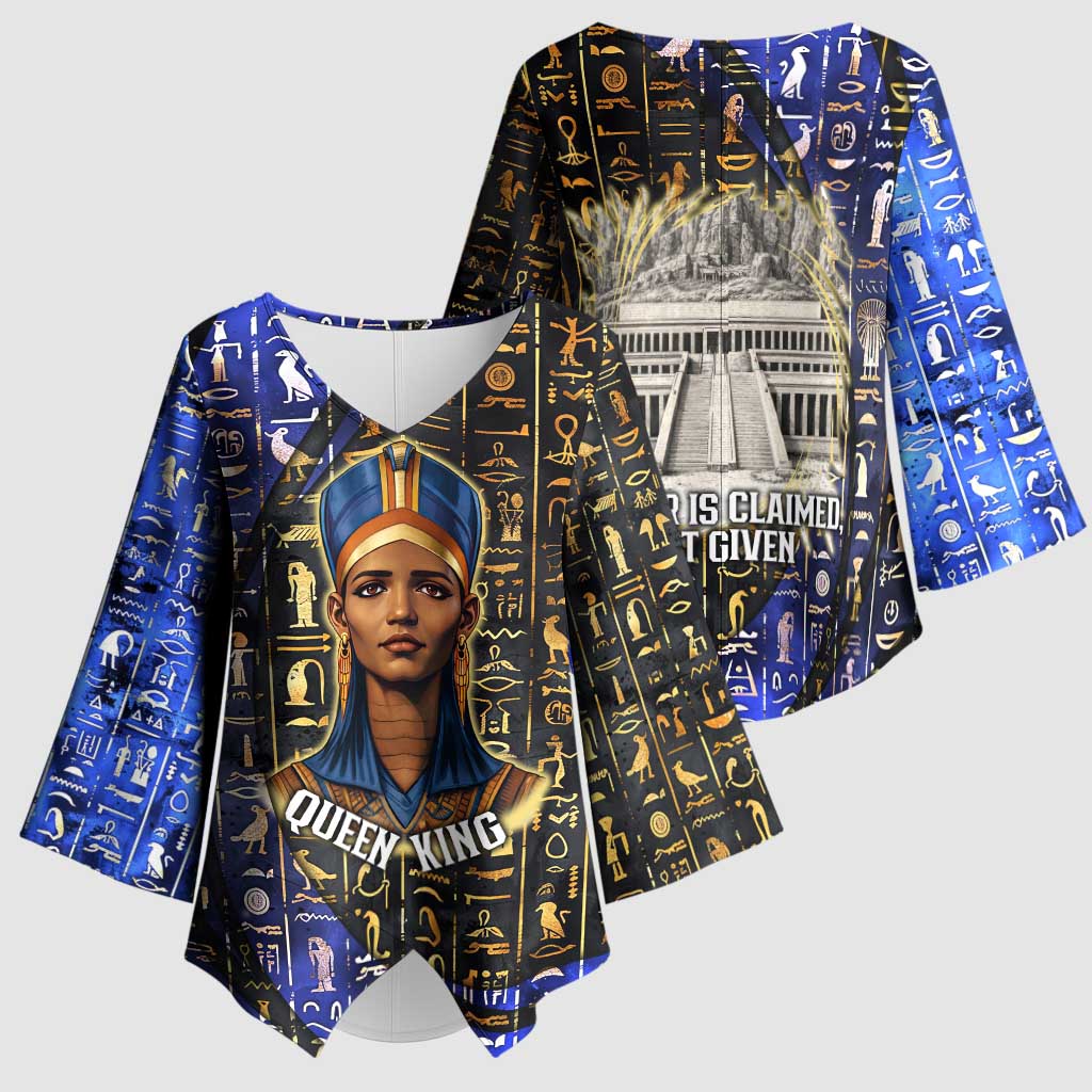 Hatshepsut Kimono Sleeve Blouse with Queen King Portrait, Temple Illustration and Blue-Gold Hieroglyphic - Wonder Print Shop
