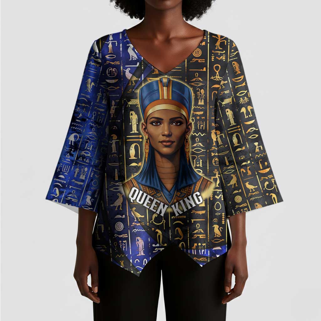 Hatshepsut Kimono Sleeve Blouse with Queen King Portrait, Temple Illustration and Blue-Gold Hieroglyphic - Wonder Print Shop