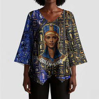 Hatshepsut Kimono Sleeve Blouse with Queen King Portrait, Temple Illustration and Blue-Gold Hieroglyphic - Wonder Print Shop