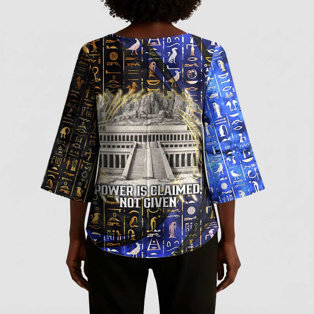 Hatshepsut Kimono Sleeve Blouse with Queen King Portrait, Temple Illustration and Blue-Gold Hieroglyphic - Wonder Print Shop