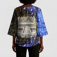 Hatshepsut Kimono Sleeve Blouse with Queen King Portrait, Temple Illustration and Blue-Gold Hieroglyphic - Wonder Print Shop