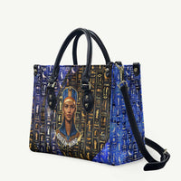 Hatshepsut Leather Bag with Queen King Portrait, Temple Illustration and Blue-Gold Hieroglyphic - Wonder Print Shop