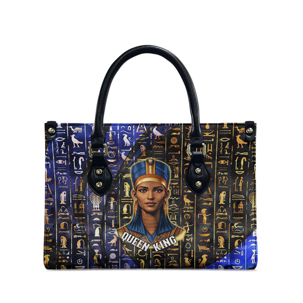 Hatshepsut Leather Bag with Queen King Portrait, Temple Illustration and Blue-Gold Hieroglyphic - Wonder Print Shop