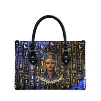 Hatshepsut Leather Bag with Queen King Portrait, Temple Illustration and Blue-Gold Hieroglyphic - Wonder Print Shop