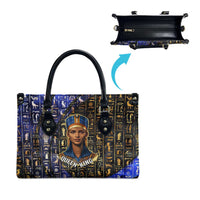 Hatshepsut Leather Bag with Queen King Portrait, Temple Illustration and Blue-Gold Hieroglyphic - Wonder Print Shop