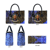 Hatshepsut Leather Bag with Queen King Portrait, Temple Illustration and Blue-Gold Hieroglyphic - Wonder Print Shop