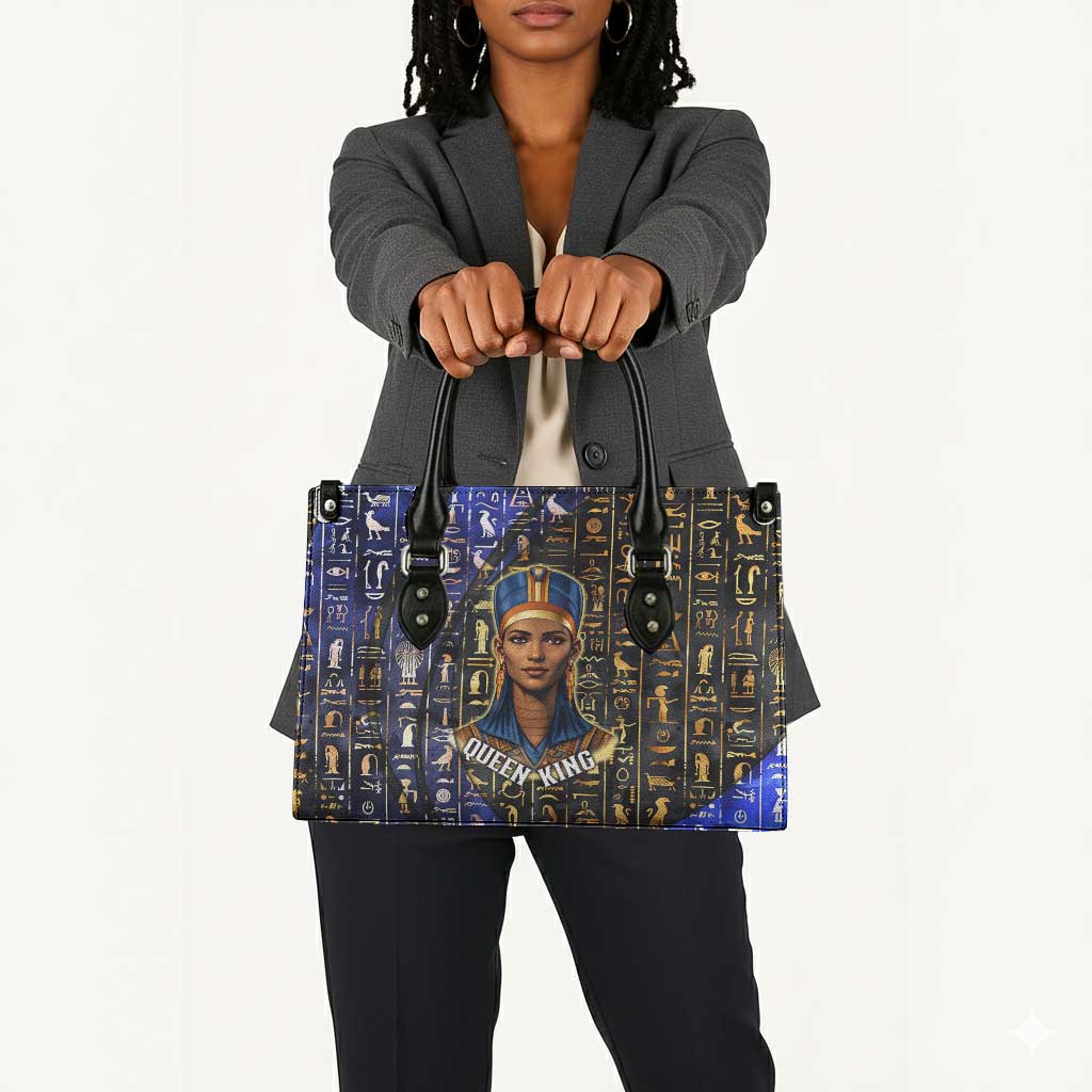 Hatshepsut Leather Bag with Queen King Portrait, Temple Illustration and Blue-Gold Hieroglyphic - Wonder Print Shop